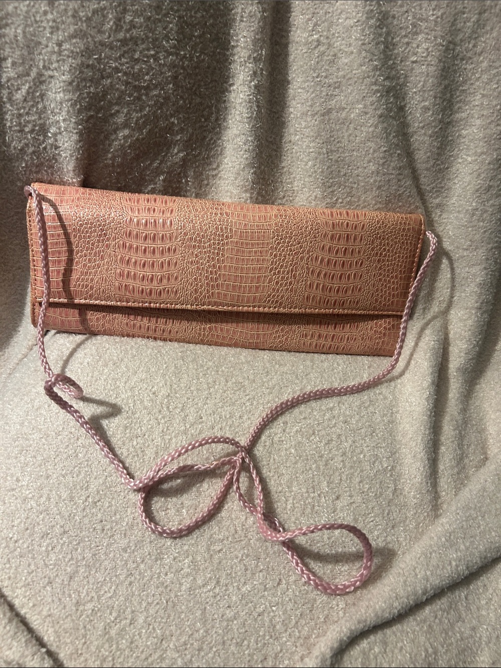 Croc-Embossed Blush Pink Clutch with Braided Strap